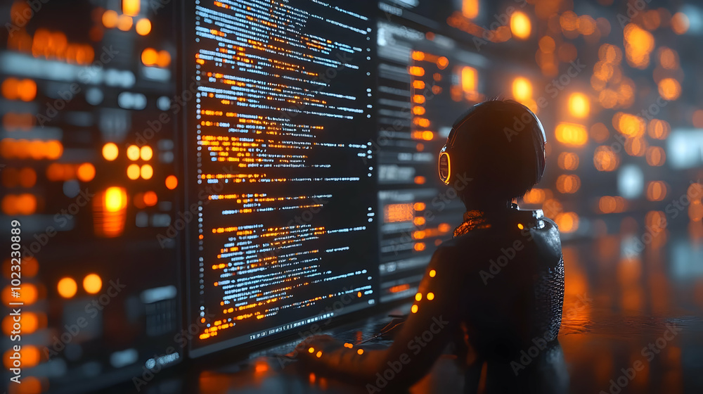 Poster 3d icon of a person reviewing code on glossy screen - remote work concept in technology and software