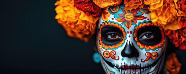 Colorful Day of the Dead makeup with vibrant flowers, celebrating Mexican culture and tradition in a striking portrait.