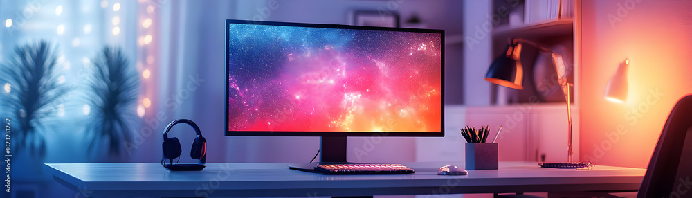 Poster glowing home office setup with abstract digital art background - modern workspace featuring artistic