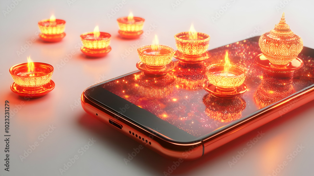 Poster 3d icon of smartphone showcasing holographic diwali lanterns and 'light up diwali' text - captivatin