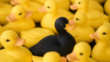 Black rubber duck standing out among yellow ducks
