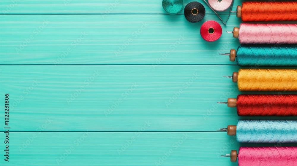 Aufkleber colorful diy sewing workspace with an array of threads needles and fabric swatches laid out for a ne