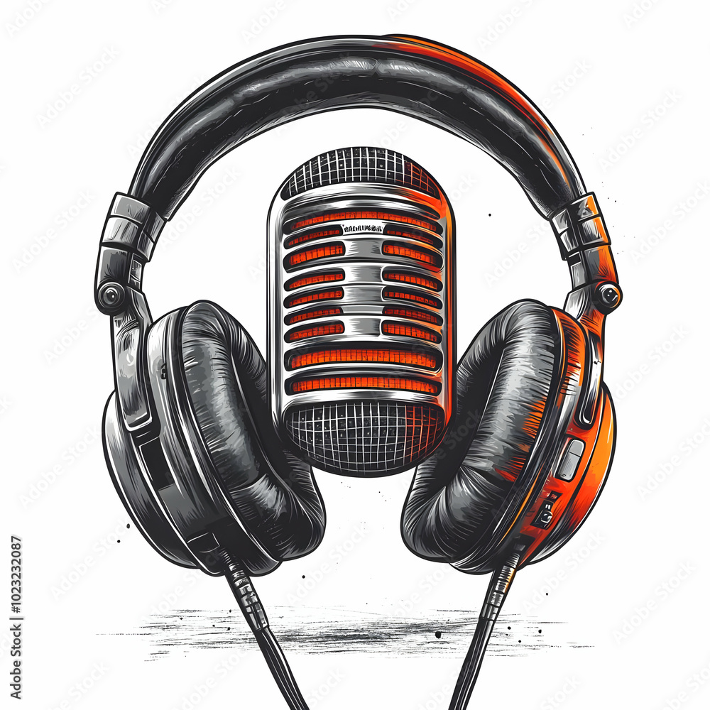Poster headphones and microphone isolated - a clean vector image representing audio and communication tools