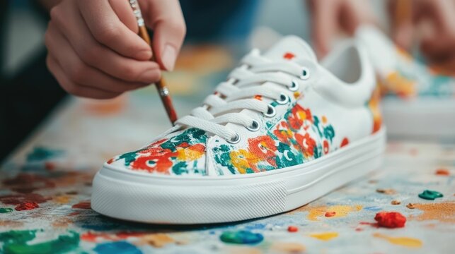 Creative Hands Painting Unique Designs on Customized Sneakers Turning Them into One of a Kind Footwear Pieces for Self Expression and Fashion Individuality