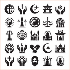 Religious symbols Set of miscellaneous religious Vector illustration icons on white background