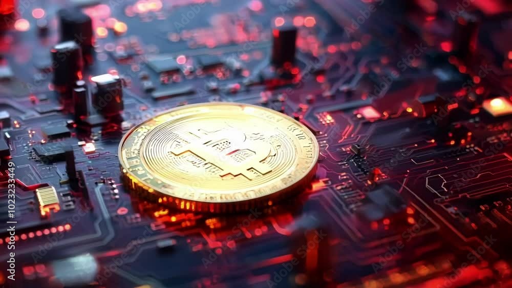 Poster glowing bitcoin cryptocurrency coin is lying on a circuit board. this image can be used to represent