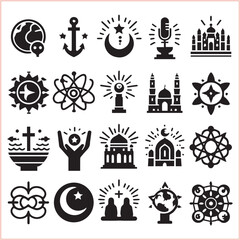 Religious symbols Set of miscellaneous religious Vector illustration icons on white background