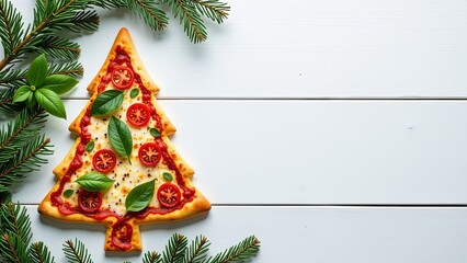 Christmas minimal concept - creative Christmas tree made of pizza with basil leaves and tomatoes, christmas feed concept. christmas decoration on white background