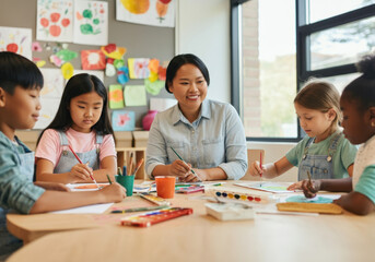 Diverse group of children are enjoying art class with their teacher, painting pictures together
