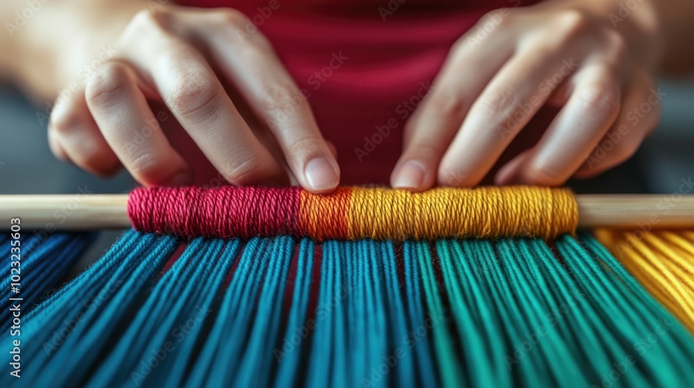 Poster close up of a vibrant handwoven accessory being created on a loom using colorful yarn the intricate 