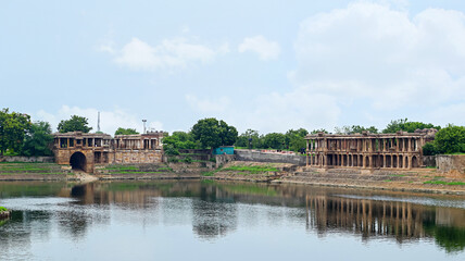 View of the Queen's Palace and King's Palace on the edge of the pond, Sarkhej, Ahmedabad, Gujarat, India.