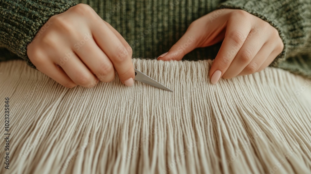 Poster close up of hands using scissors to create a fringed hem on a skirt giving the garment a unique bohe