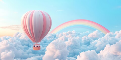 Fototapeta premium Pink hot air balloon flying over clouds and rainbow.