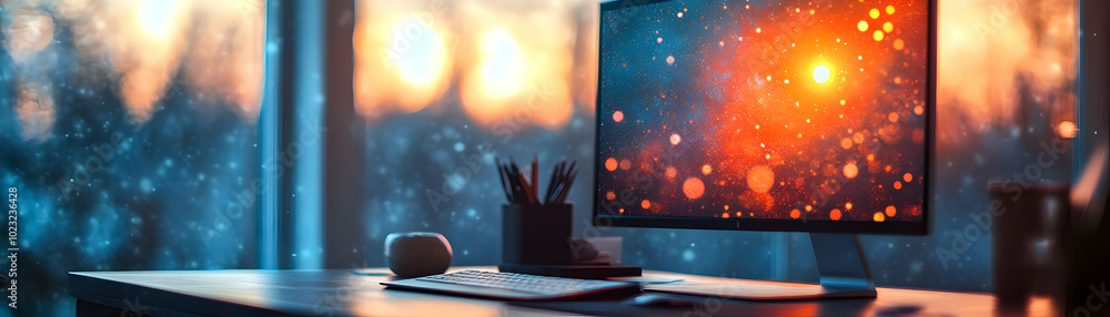Poster glossy home office setup with abstract digital art background - modern workspace design for photo st