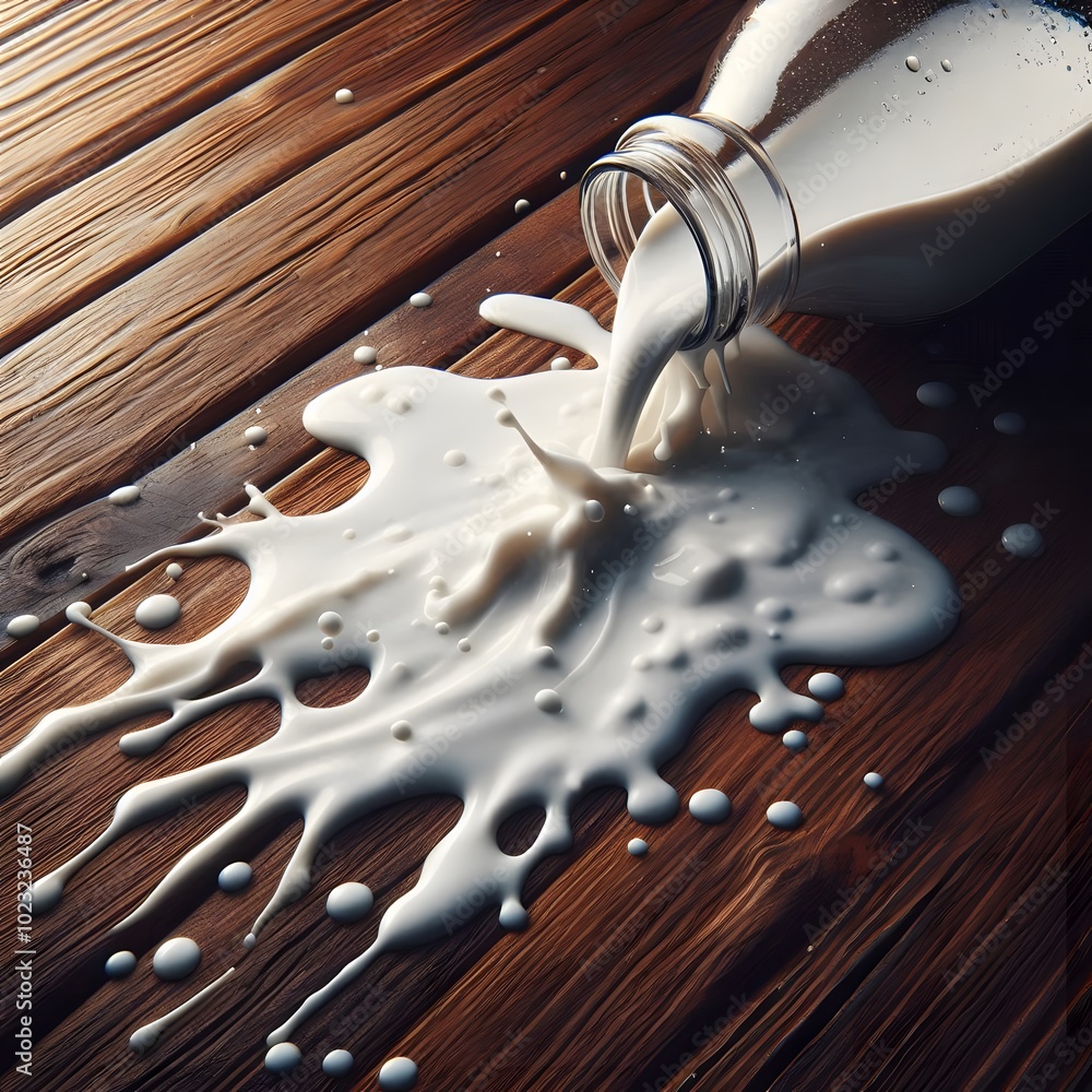 Poster milk splashed from a bottle on a wooden background. 3d rendering generated by ai