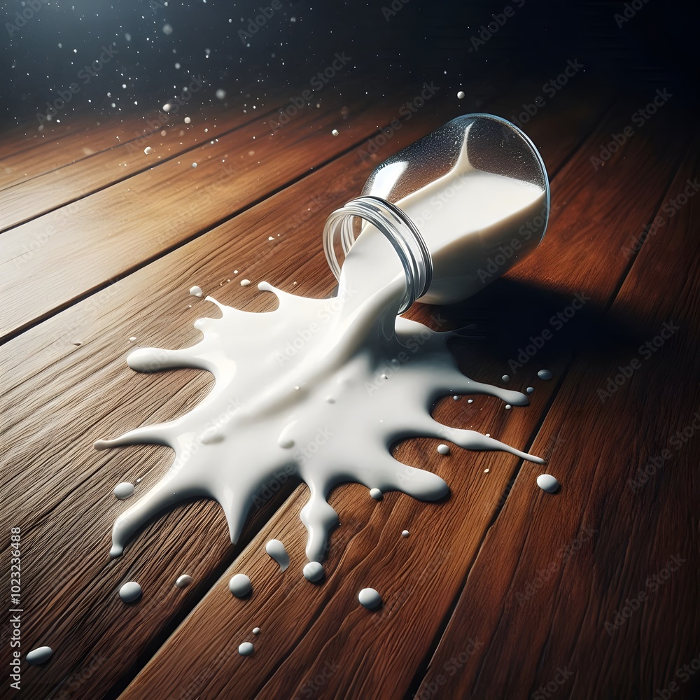 Poster milk splashed from a bottle on a wooden background. 3d rendering generated by ai