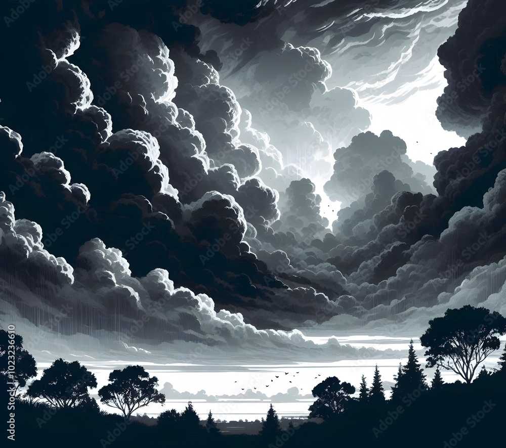 Poster dark stormy sky with clouds, 3d rendering. computer digital drawing generated by ai