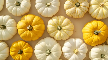 Overhead view of various sizes of white and yellow pumpkins in an autumn harvest arrangement, showcasing natural textures on a beige background for a minimalist food photography composition.