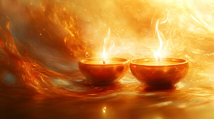 3D Icon Glossy Abstract Digital Painting of Dhanteras Oil Lamps - Pan Across Serene Scene with Warm Tones and Glossy Effects, Isolated White Background Symbolizing Light and Prosperity