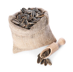 Burlap sack with sunflower seeds and scoop isolated on white