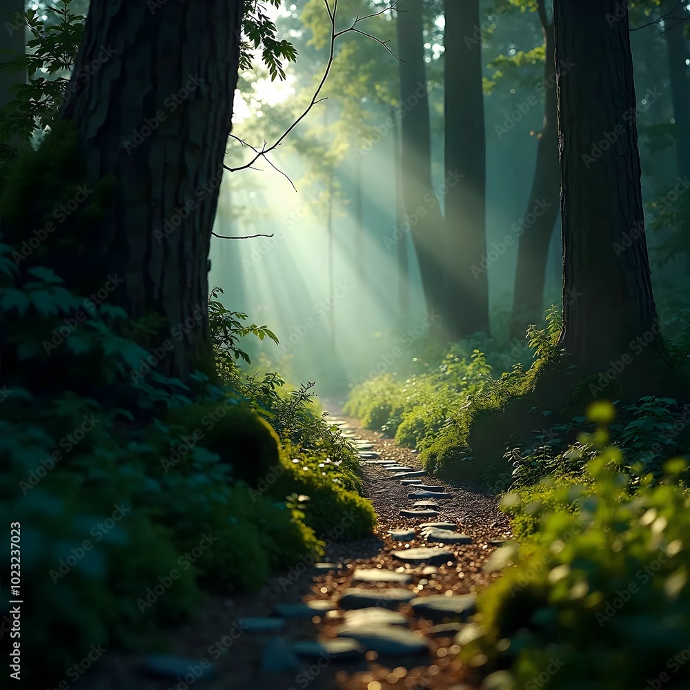 Poster pathway in the forest at sunset with sun rays passing through the trees generated by ai