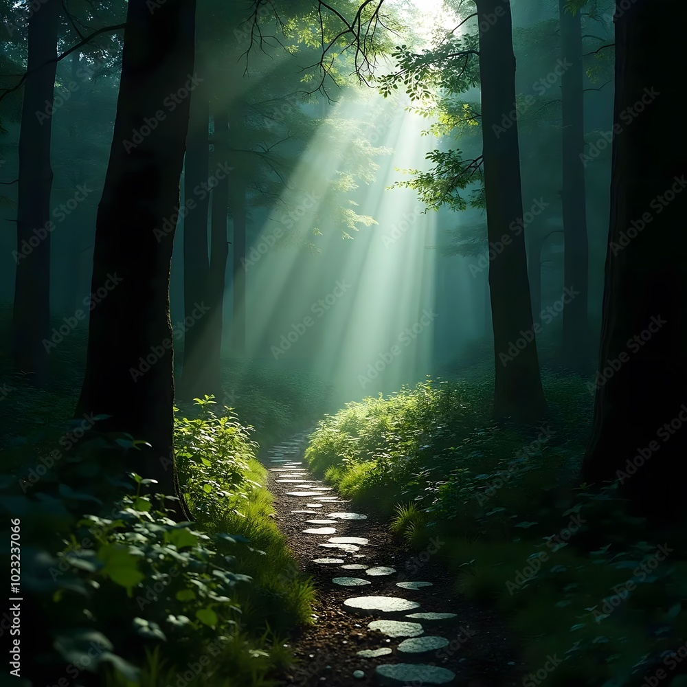 Poster pathway in the forest at sunset with sun rays passing through the trees generated by ai