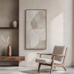 Modern minimalist living space featuring a wooden armchair, abstract wall art, and neutral decor, creating a serene and stylish atmosphere.
