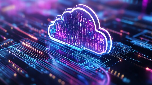 Futuristic neon cloud icon on digital circuit board, representing cloud computing, technology integration, and data network systems.