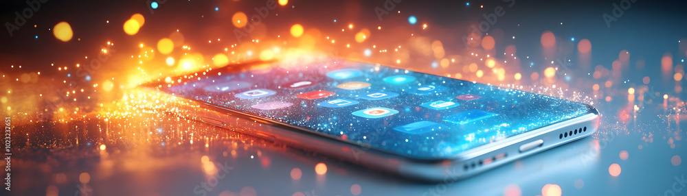 Poster smartphone with holographic apps and icons on white background - mobile remote work concept with glo