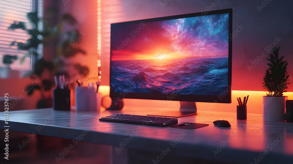 Poster stylish 3d icon home office setup with glossy finish and abstract digital art background on isolated