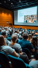 A photograph of an audience at the front and side view from behind, watching someone giving a presentation on stage in a conference hall