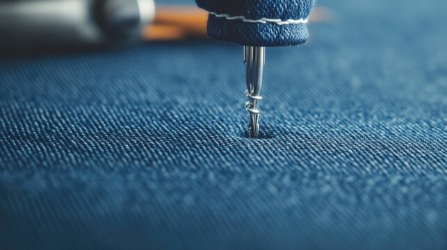 A fashion DIYer using a sewing machine to hem a pair of jeans adjusting the length for a personalized custom fitted garment