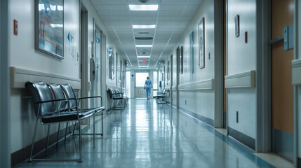 Empty hospital corridor with distant medical staff, sterile environment, fluorescent lighting, and waiting area chairs depicting healthcare setting