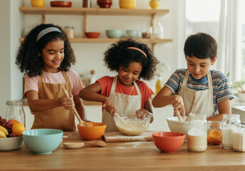 Three cheerful children wearing aprons are carefully mixing ingredients in bowls while preparing a recipe during a cooking master class