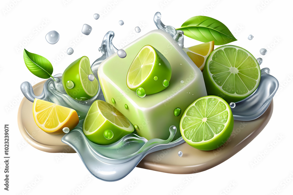 Poster flat vector design of floating ice cubes and lime slices creating a cool splash with 'refresh' text 