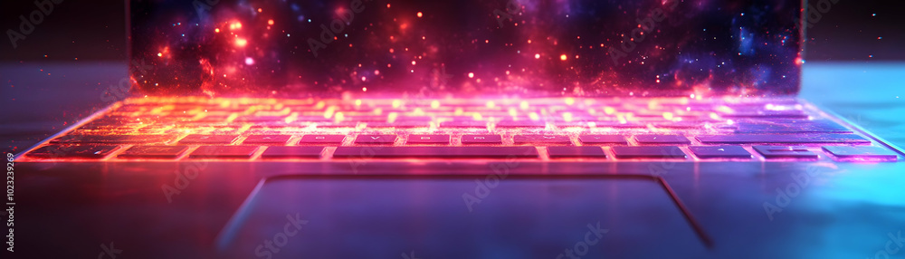 Poster laptop with holographic keyboard and mouse concept: photo of a modern remote work setup featuring a 