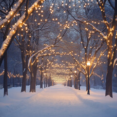 A snowy park lined with trees decorated for Christmas, featuring twinkling lights and snow-covered...