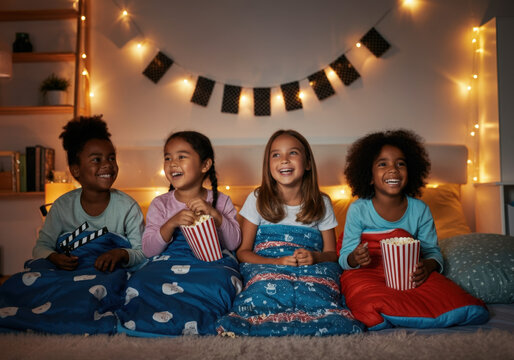 Four cheerful girls are sitting on a bed in sleeping bags, eating popcorn and watching a movie during a sleepover party