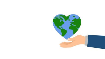 4K video world Footage with earth, heart and world map on white Screen Background. 4k video animated world heart day animation with earth with heart shape