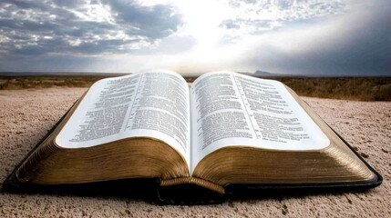 Obraz premium Open Bible on Sand with Dramatic Sky