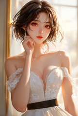 An elegant anime girl with dark brown hair and red eyes, wearing a white dress 