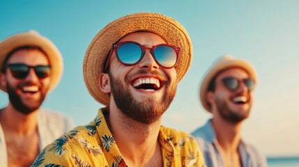 Group of friends on a road trip laughing and singing along to music in the car enjoying the adventure and celebrating their friendship and carefree summer vacation