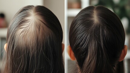 Before-and-after comparison of hair thinning reversal, featuring a woman who achieved fuller hair through natural treatments, Soft Focus, High Detail, Realistic Style
