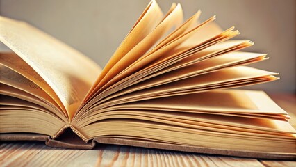 A well-worn book lies open on a wooden table, its aged pages fanning out like a delicate, sunlit landscape.