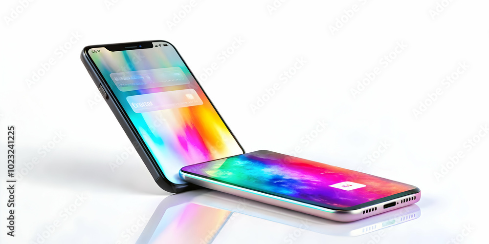 Poster glossy smartphone with holographic coins and calculator display: minimalistic financial and budgetin