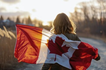 Woman holding in canadian flag patriotism hairstyle sunlight.
