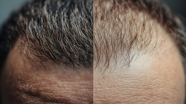 Close-up view of scalp before and after FUE hair transplant, showcasing detailed hair follicles and smooth regrowth, High-Resolution, Realistic Style