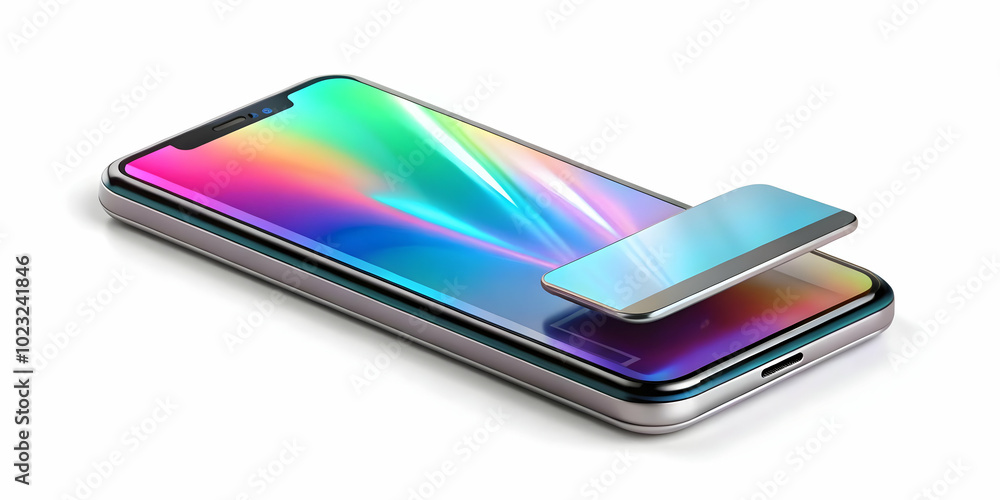 Poster glossy smartphone with floating holographic coins and calculator display - minimalistic financial bu