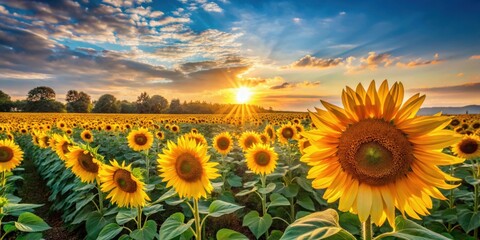 Fototapeta premium Field of Sunflowers in Full Bloom Reaching Towards the Sun in Vibrant Landscape