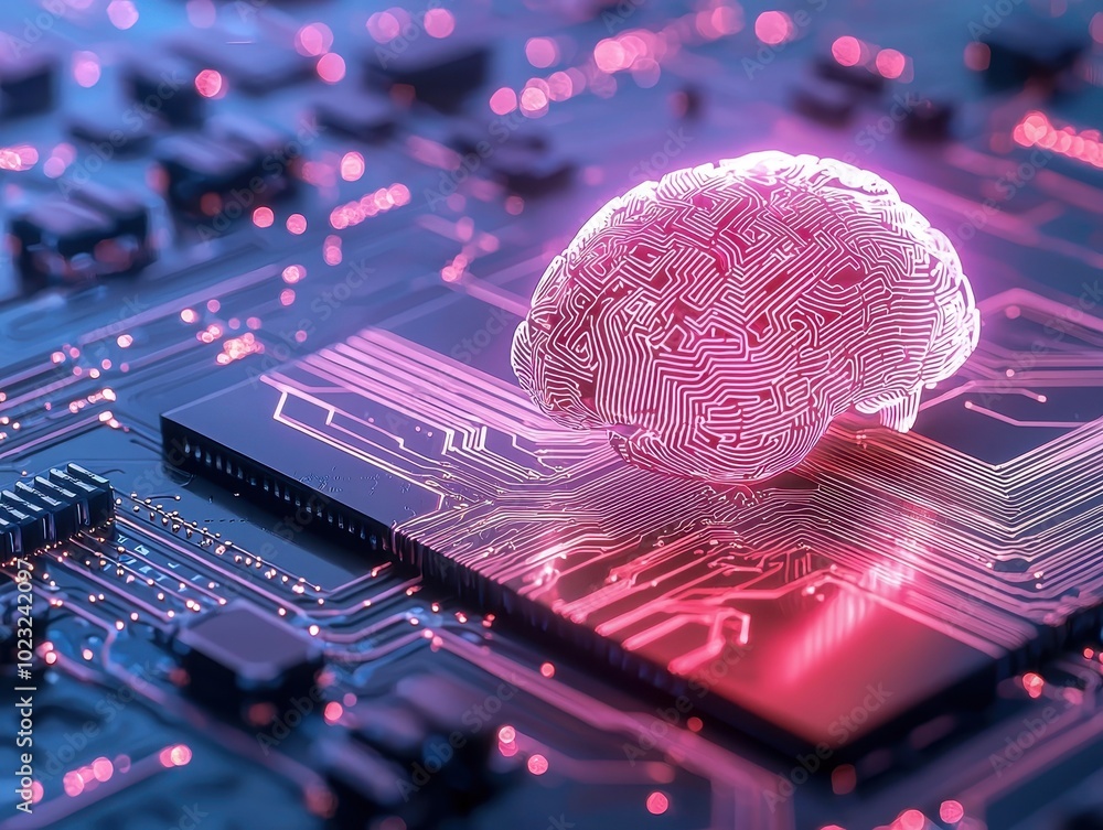 Poster abstract representation of a brain on a circuit board, symbolizing artificial intelligence and innov